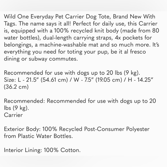 **SOLD OUT** NWT Wild One Everyday Pet Carrier Dog Tote 🖤🖤🖤 - Picture 9 of 9